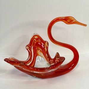Vintage Mid Century Blown Art Glass Swan Orange Murano Style Pulled Glass 7x5”